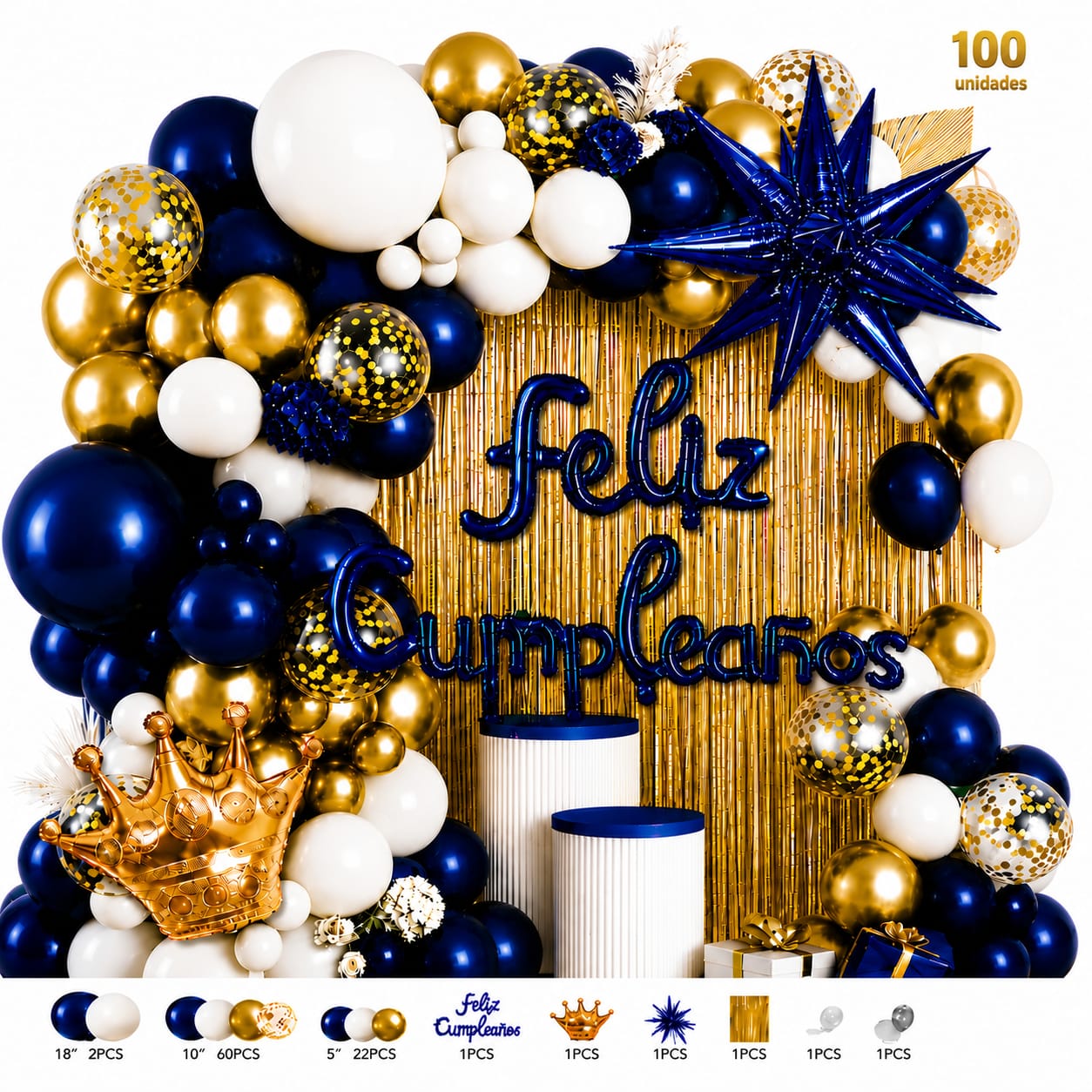 Kit Decoración Feliz Cumpleaños Azul Rey, Dorado y Blanco 100 Unidades